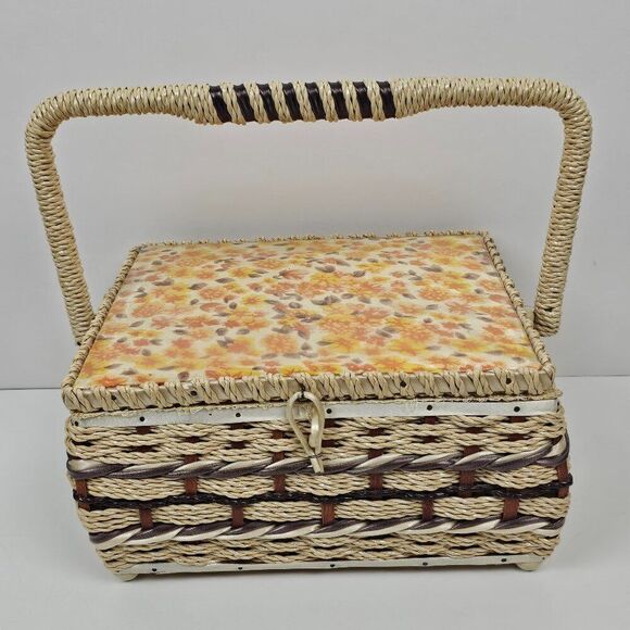 Sewing Notions Box Craft Basket Vintage Woven Wicker Floral Retro Mid Century - Picture 1 of 15
